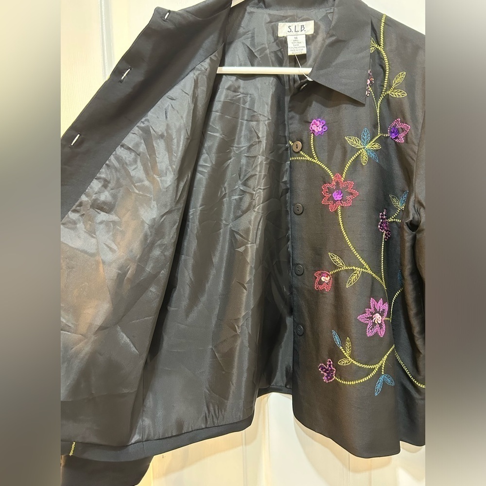 Women's 100% Silk Blazer Vintage Floral Embroidered W/ Sequins Fully Lined Sz 14 - Picture 7 of 9